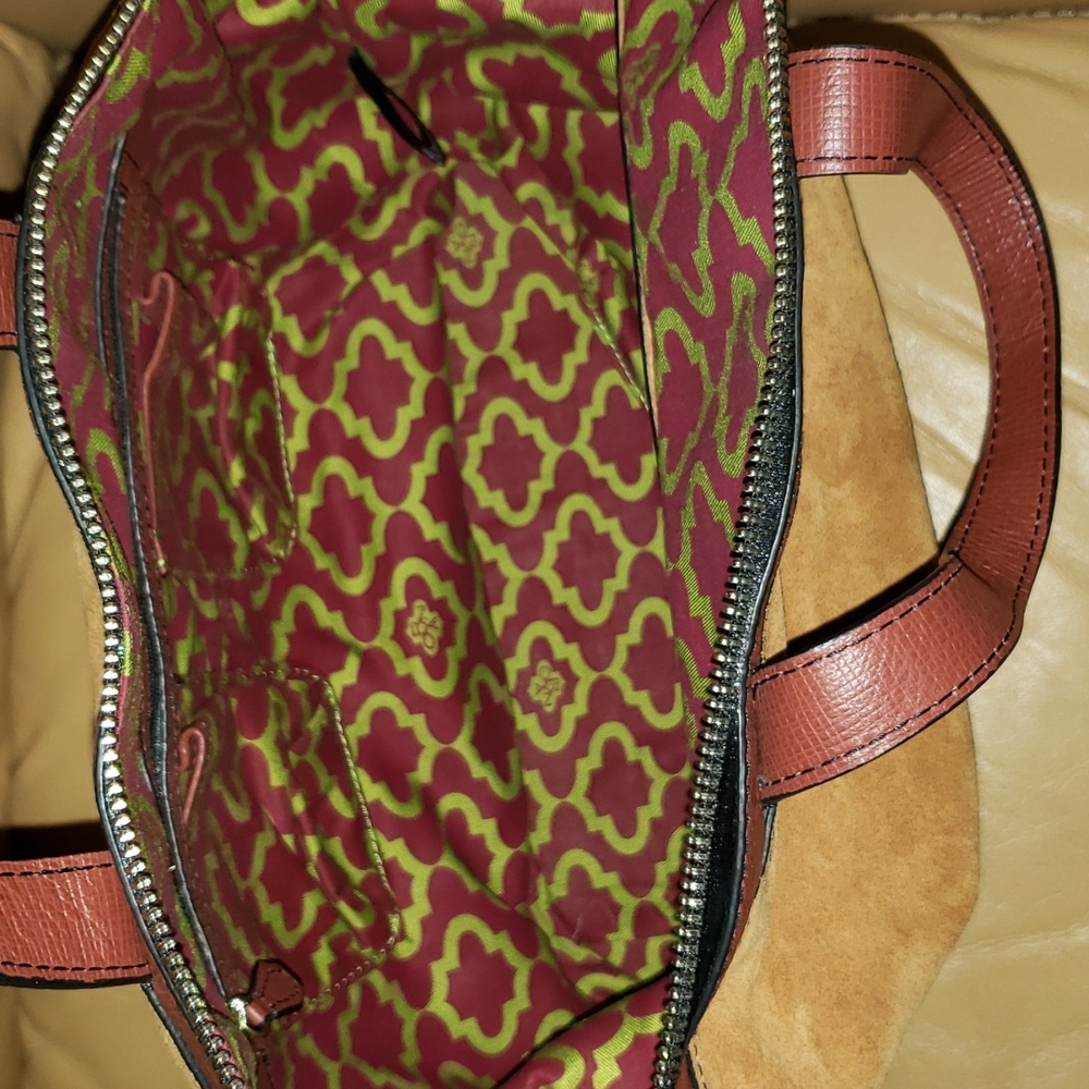 orYANY Suede and Leather Colorblock Satchel in Tan, Brown, and Green - Picture 7 of 13